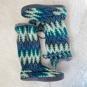 Muk Luks Gloria Boot Slippers - Teal, Aqua, Navy and Gray Knit